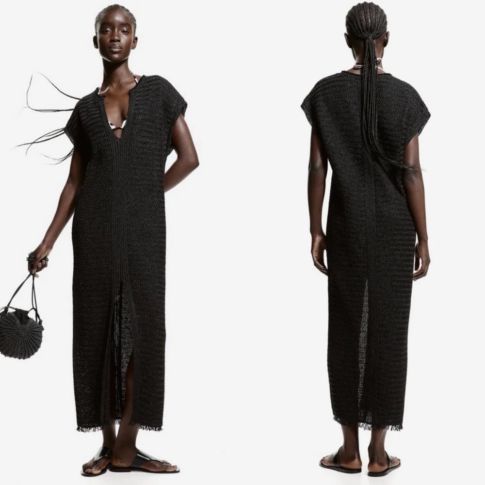 H&M Raffia-Look Kaftan Dress in Black